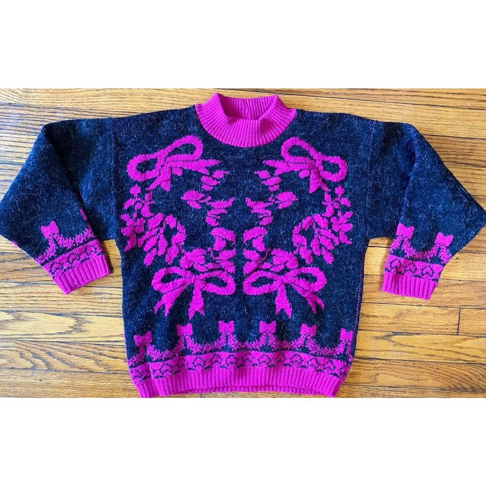 Vintage 80s 90s MOC Sweater Hot Pink Gray Floral Women’s XS Knitwaves